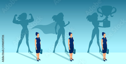 Vector of a business woman with strong winner super hero shadows of her self