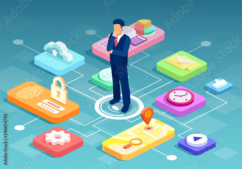 Vector of a businessman in the middle of technology business tools, cyber security and personal data protection system icons