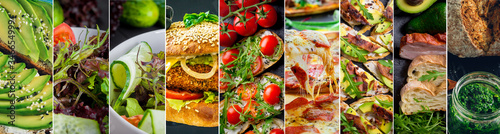 Collage of delicious food and fastfood close-up