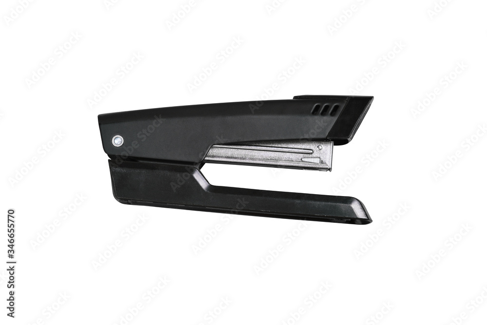Black office stapler isolated on a white background Stationery for paper stitching. Black office stapler isolated on a white background Stationery for paper stitching.