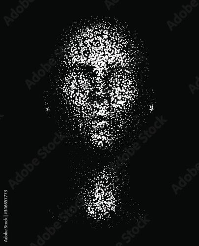 Human head made of partices on dark background. Face made with generative computer art algorithm. Concept of artificial intelligence, identification and recognition systems.