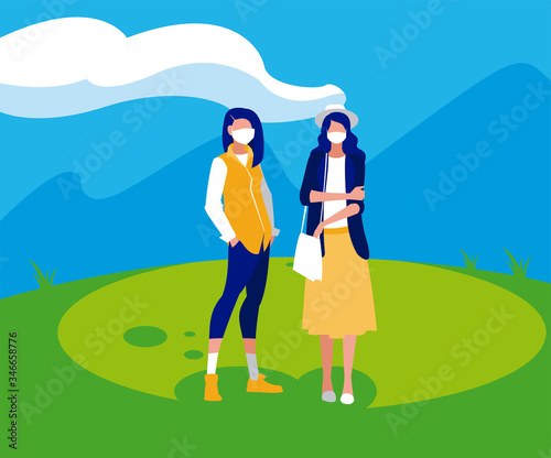 Women avatars with masks outside vector design