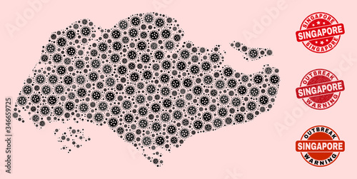 Outbreak combination of virus mosaic Singapore map and rubber seals. Vector red imprints with unclean rubber texture and Outbreak Warning caption. Mosaic Singapore map designed with flu virus,