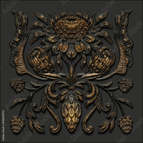 3d render, black gold antique floral carving, embossing, aged metallic tile, embossed botanical pattern, medieval ornament, ancient ironwork, tropical flowers and leaves motif