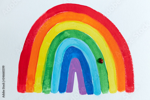 Thank to NHS. Childrens hand drawing rainbow on paper. Greating card for nurses. Ladybug sat on a postcard photo