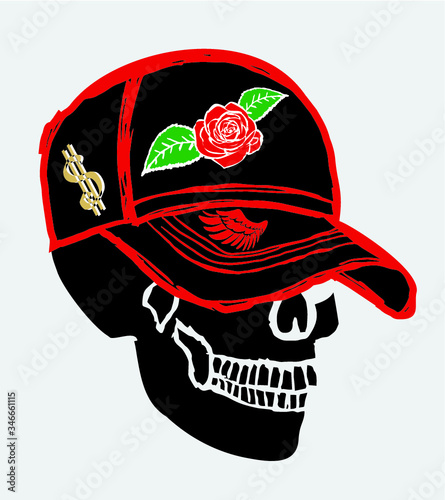 Rock music cap skull print embroidery graphic design vector art