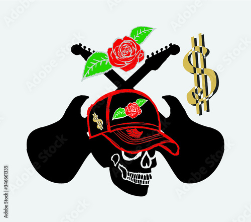 Rock music cap skull print embroidery graphic design vector art