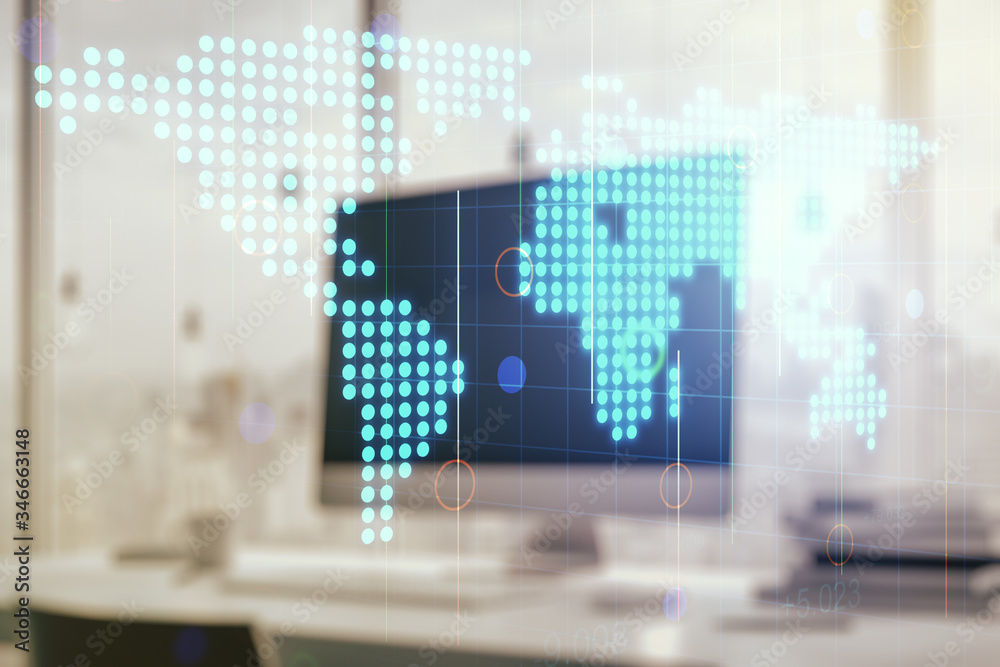 Abstract creative world map on modern laptop background, international trading concept. Multiexposure Abstract creative world map on modern laptop background, international trading concept. Multiexposure