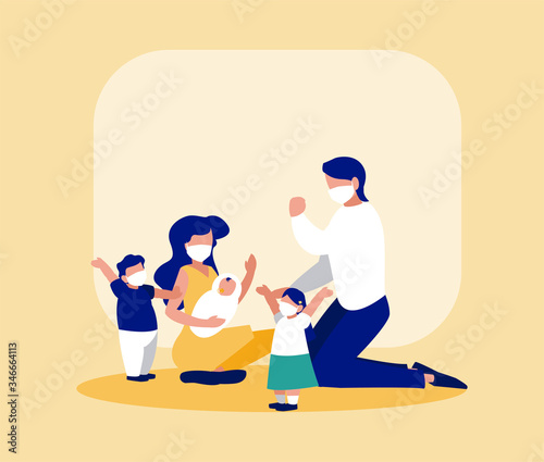 Family with masks in front of frame vector design
