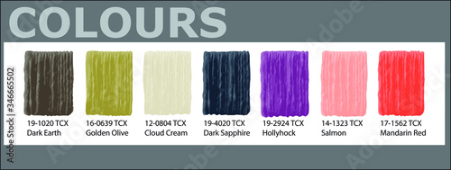 2020 color trends, full palette with swatches. Set color for fashion, home decor, interiors design, makeup colours vector illustration. Color swatch trend