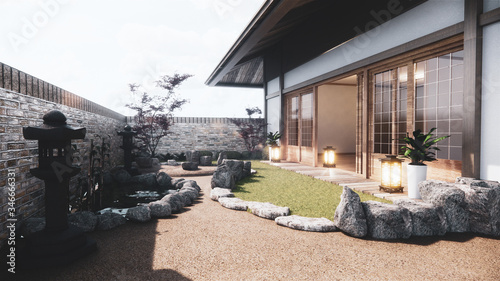 Japanese garden tropical exterior design japan style.3D rendering