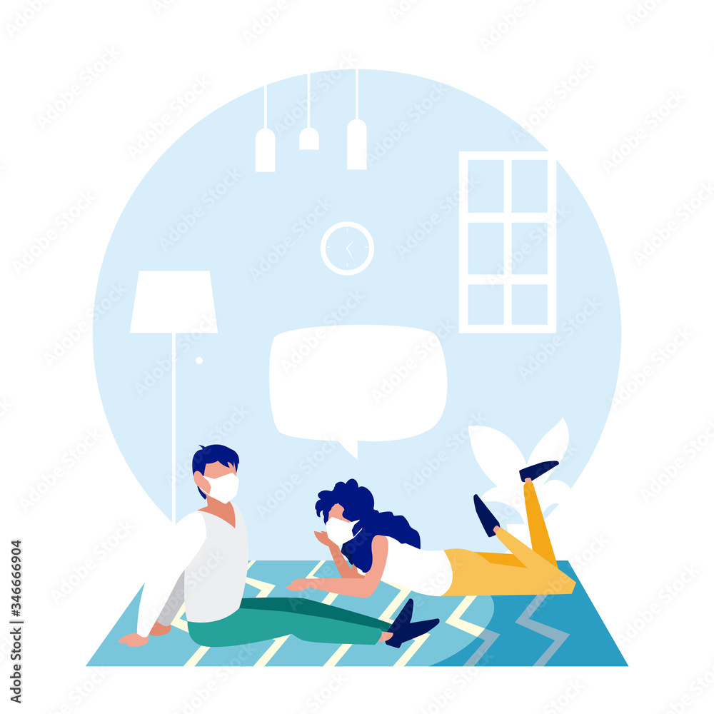 Woman and man with mask at home vector design Woman and man with mask at home vector design