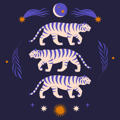 Fotobehang Tijger Boho tijgers met kosmische maan  © Mystery Kit