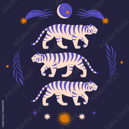 Modern abstract art print with cute tigers, tropical branch, stars, moon, comets. Boho style. Cosmic minimalistic scene. Protect wild animals poster. Beautiful animal print design. Magic concept. 