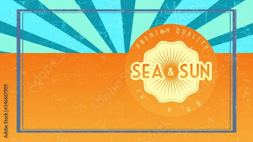 premium quality sea and sun summer paradise written on orange circle pasted to background of same color under vintage stripes similar to sunshine photo