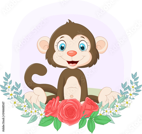 Cartoon cute monkey sitting with flowers background