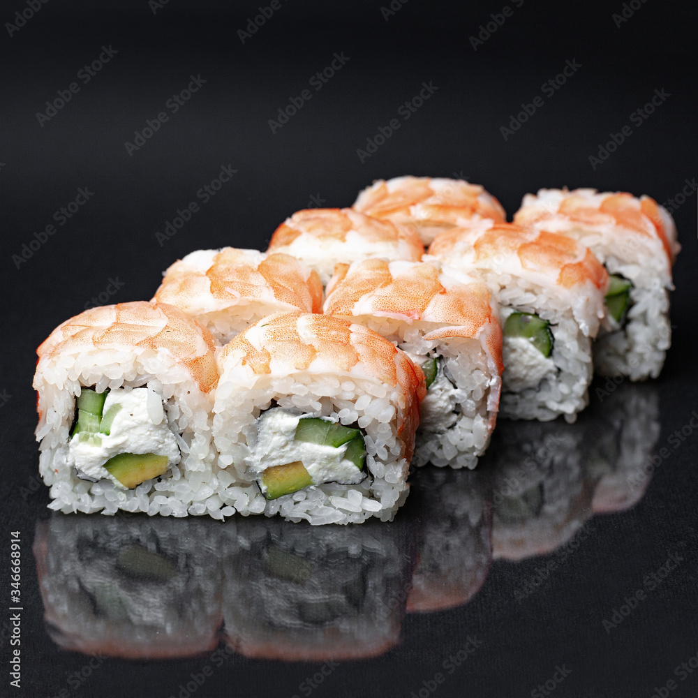 diverse delicious sushi roll set on a black background with reflection, menu diverse delicious sushi roll set on a black background with reflection, menu
