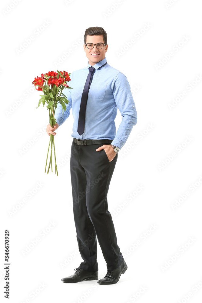 Handsome man with bouquet of flowers on white background Handsome man with bouquet of flowers on white background