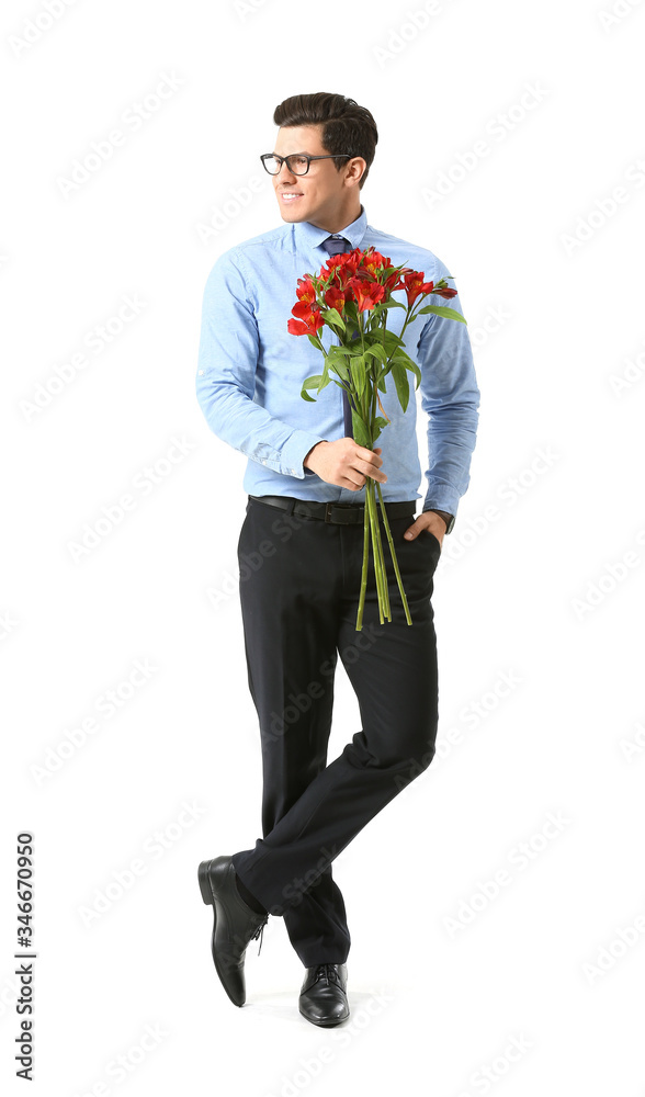 Handsome man with bouquet of flowers on white background Handsome man with bouquet of flowers on white background
