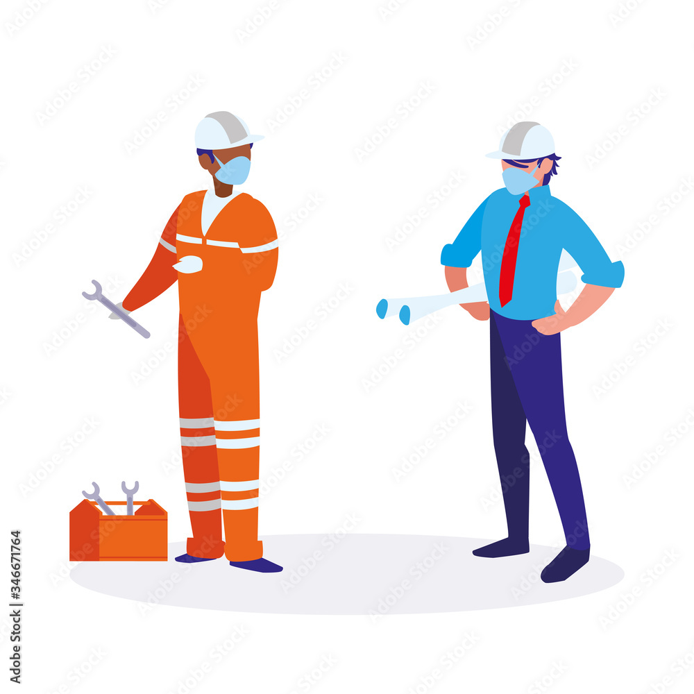 industrial workers men working with face mask industrial workers men working with face mask