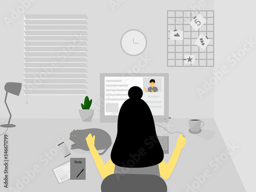 Flat design women sit on the desk working at home, meeting Video call online, learning online on computer screen, home office interior design, work from home concept, self-isolate pandemic stay home 