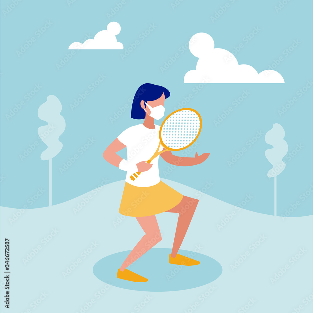 Woman with mask playing tennis at park vector design Woman with mask playing tennis at park vector design