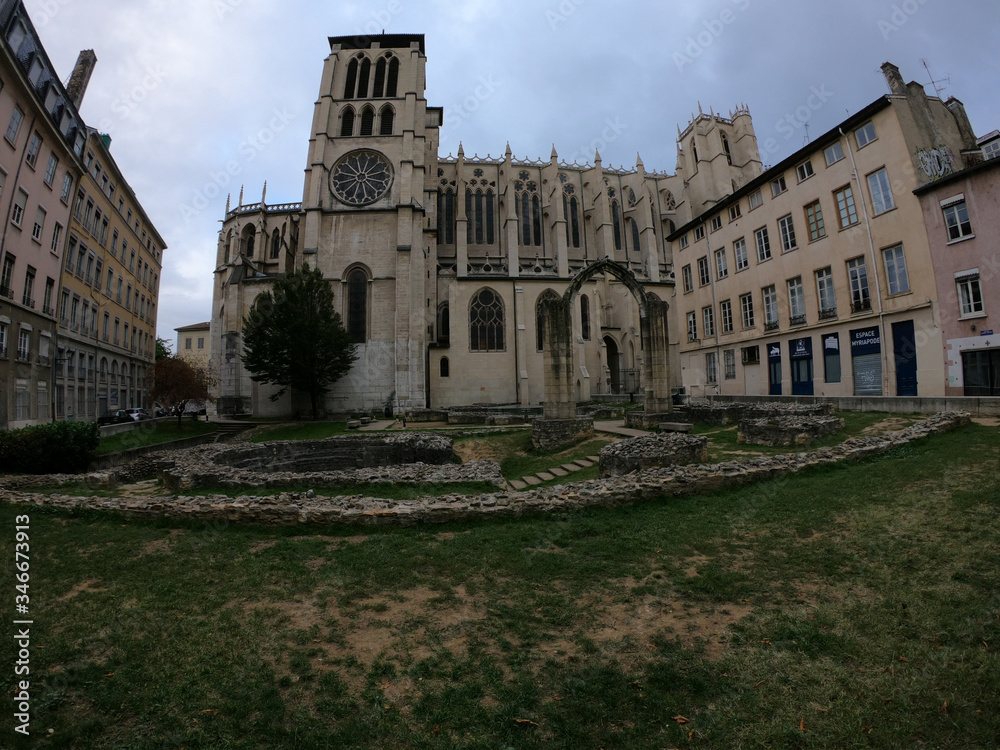 The Lyon Cathedral (Cathedrale Saint-Jean-Baptiste de Lyon) and the remnants of a 5th-century cathedral and its baptismal font (Jardin Archéologique), France.