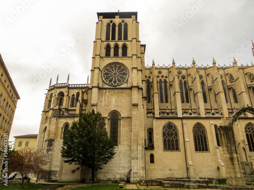 The Lyon Cathedral (Cathedrale Saint-Jean-Baptiste de Lyon) and the remnants of a 5th-century cathedral and its baptismal font (Jardin Archéologique), France.