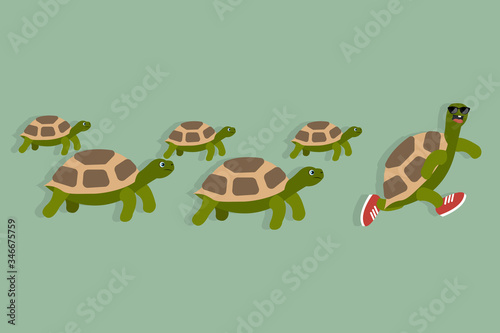 Group of turtles on a race, one of them running leading the race