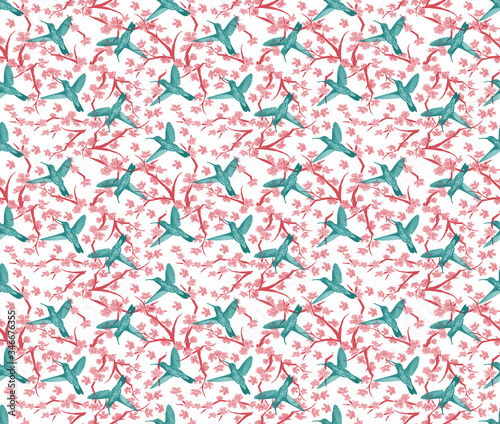 Humming bird seamless textile print  repeat  green  pink  coral  white.