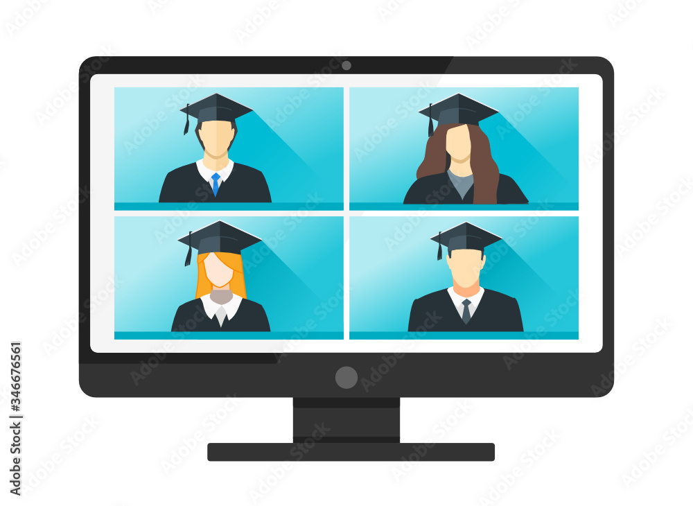 Online Virtual Graduation Video Web Conference Teleconference in PC. College University or High School Student Commencement Ceremony with Gown & Hat from home. Flatten the Curve COVID-19 Pandemic Online Virtual Graduation Video Web Conference Teleconference in PC. College University or High School Student Commencement Ceremony with Gown & Hat from home. Flatten the Curve COVID-19 Pandemic