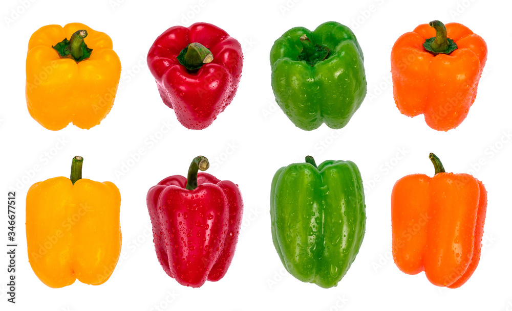 Yellow, red, green and orange sweet bell peppers with water drops, arranged in rows, top and side view. Organic fresh vegetables, isolated on white background Yellow, red, green and orange sweet bell peppers with water drops, arranged in rows, top and side view. Organic fresh vegetables, isolated on white background