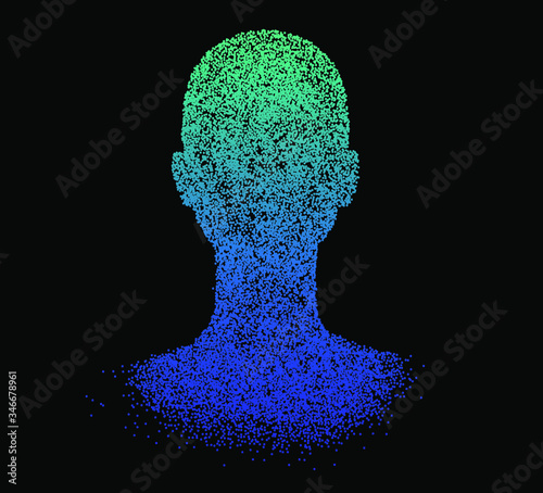 Human head made of partices on dark background. Face made with generative computer art algorithm. Concept of artificial intelligence, identification and recognition systems.
