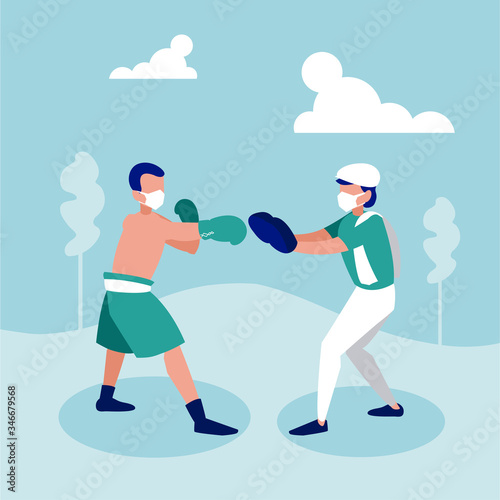 Men with masks boxing at park vector design