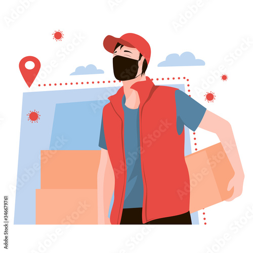 Masked Courier in uniform with two parcels. Parcel delivery in coronavirus epidemic, speedy service. Online ordering goods and food. Safe delivery concept. Courier with boxes, vector illustration.