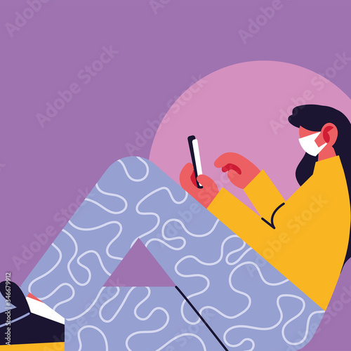 woman with medical mask and smartphone, social media