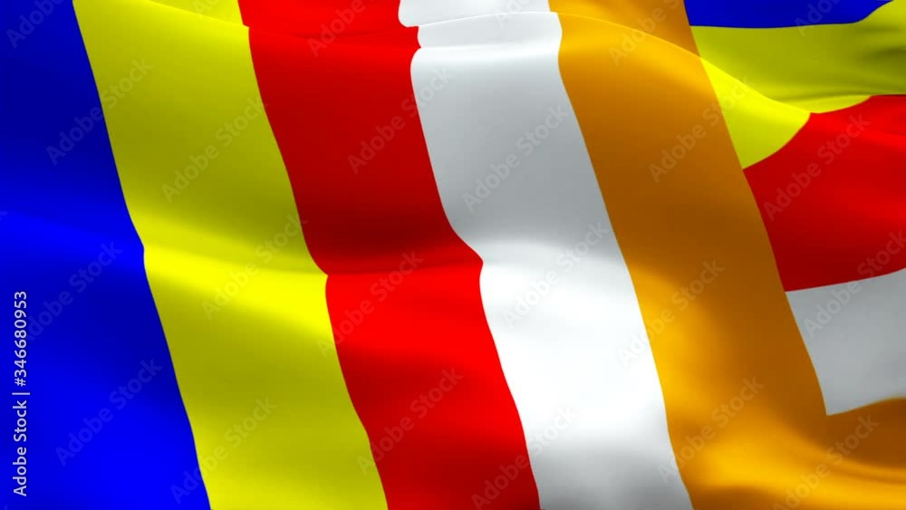Buddhism flag Motion Loop video waving in wind. Realistic Buddhist Flag background. Buddhism Flag Looping Closeup 1080p Full HD 1920X1080 footage. Buddhism EU European country flags footage video for 