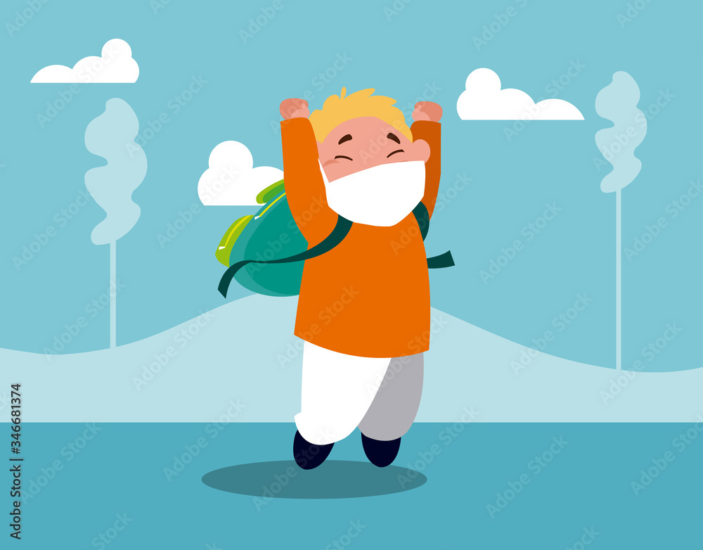 Boy kid cartoon with mask and school bag at park vector design Boy kid cartoon with mask and school bag at park vector design