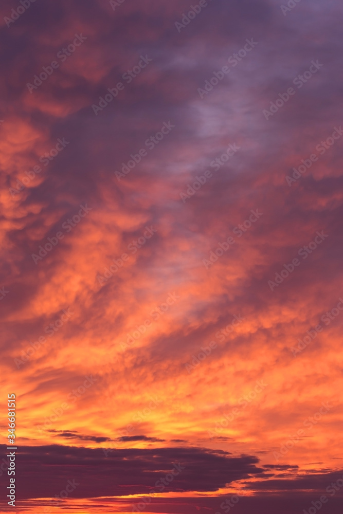 Dramatic sunrise, sunset pink violet orange sky with clouds background texture	