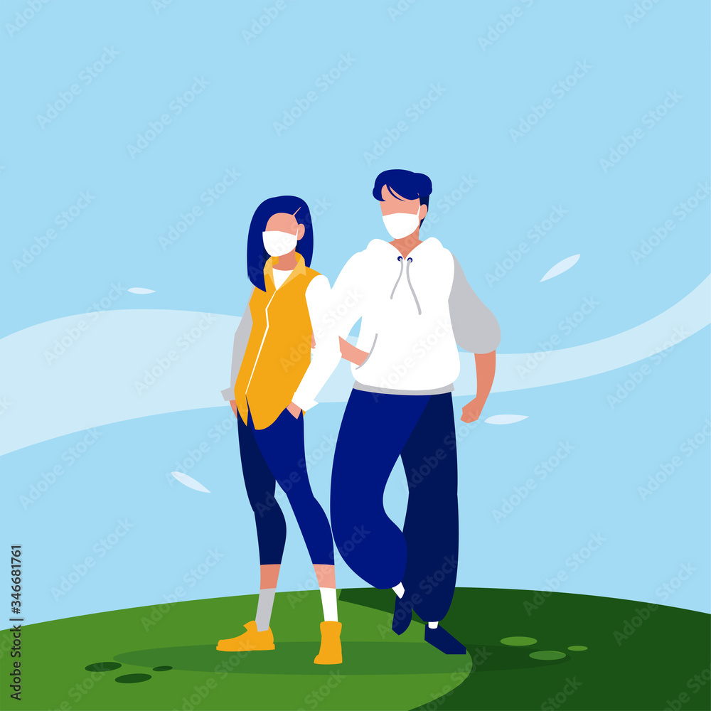 Woman and man avatars with masks outside vector design Woman and man avatars with masks outside vector design