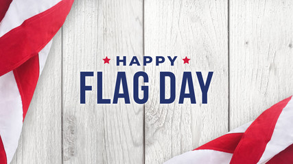 Happy Flag Day Text Over White Wood Wall Texture Background and American Flags Border