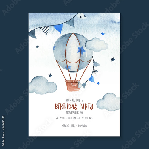 Cute birthday invitation complete with hot air balloon, garland, stars and cloud. adorable watercolor sky scene illustration perfect for kids birthday