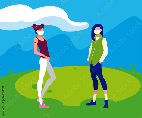 Women avatars with masks outside vector design