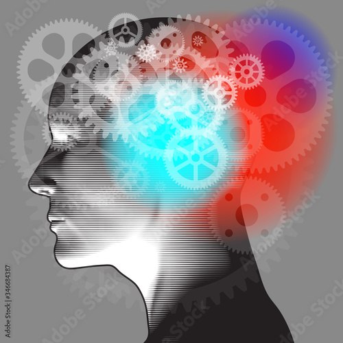 A left side adult profile with an overlaying pattern of semi-transparent "gear" details placed over their temple/brain region.