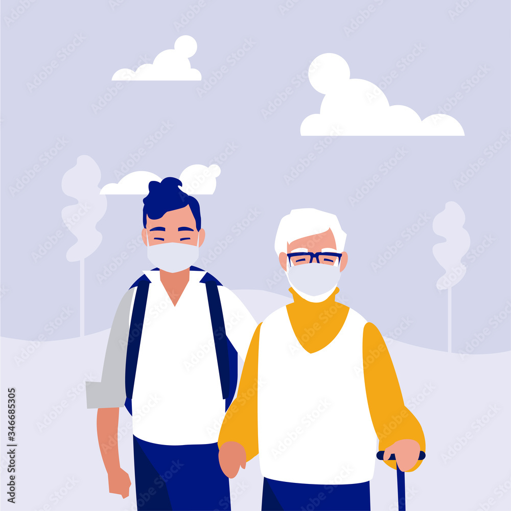 Man and grandfather with mask at park vector design