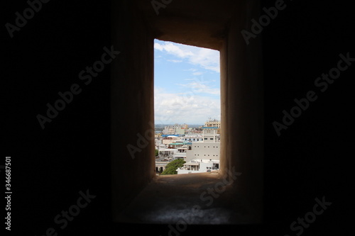 View of Old San Juan from a window in Castillo San Cristobal  Puerto Rico.