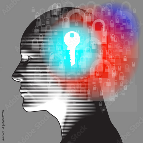 An adult side silhouette profile overlaid with various sized semi transparent Padlocks overlaid with a white key symbol.