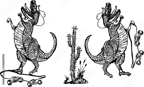 skateboarding dinosaur trex embroidery graphic design vector art in the desert