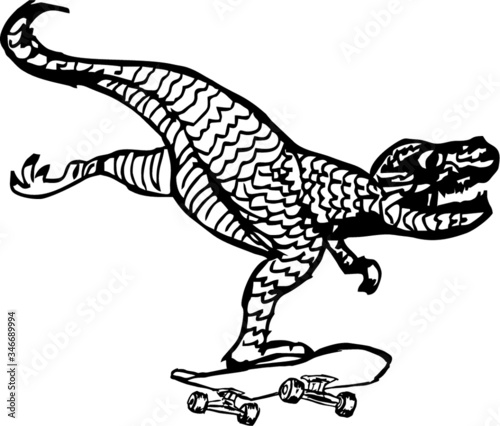 skateboarding dinosaur trex embroidery graphic design vector art in the desert