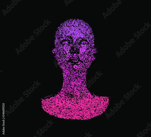 Human head made of partices on dark background. Face made with generative computer art algorithm. Concept of artificial intelligence, Machine learning and neural networks. photo